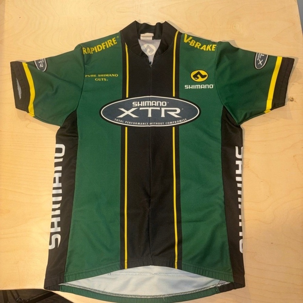 Vtg Shimano Cycling Jersey Mens M Green XTR Rapidfire VBrake Racing Bike Shirt
